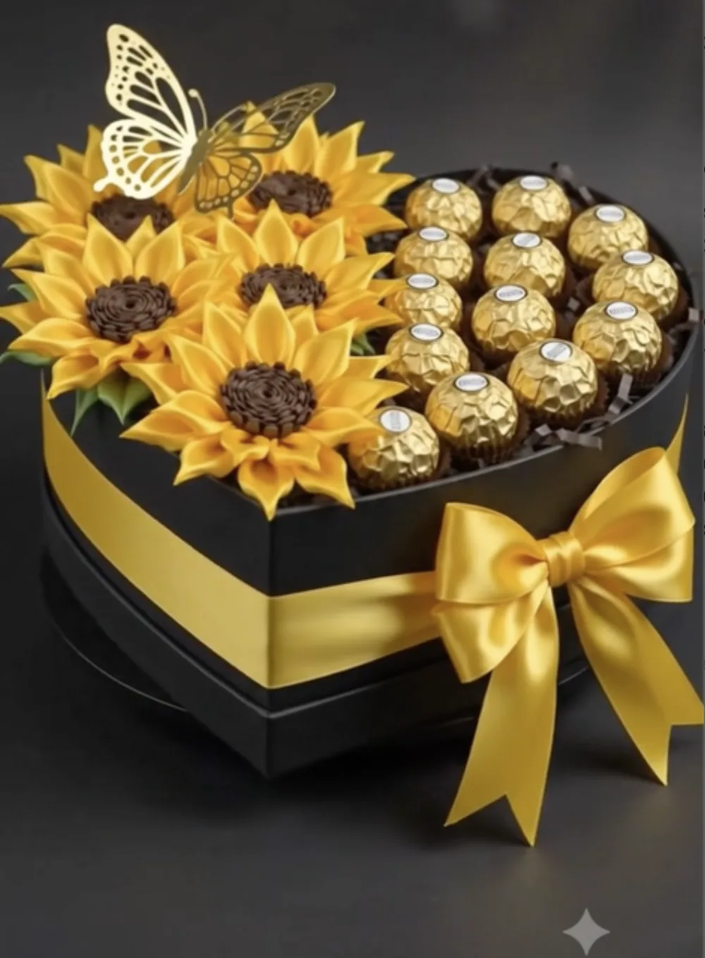 Heart-shaped black keepsake box filled with satin sunflowers and Ferrero Rocher chocolates, gold bow